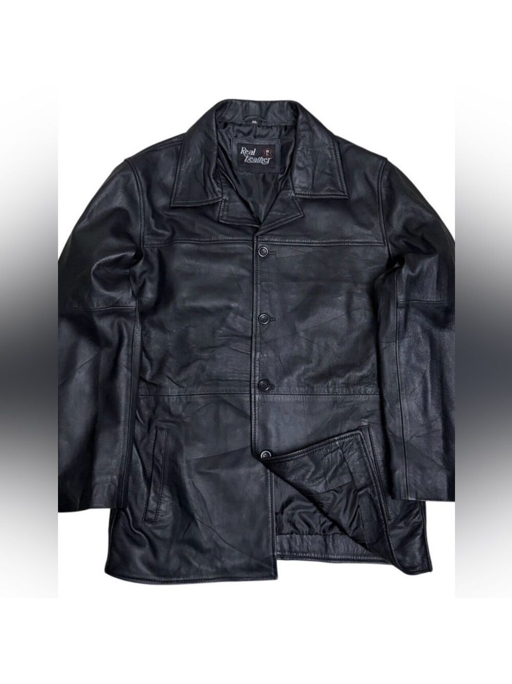REAL LEATHER Vintage Y2K Black Casual Bomber Duster Retro Jacket Coat Mens 3XL